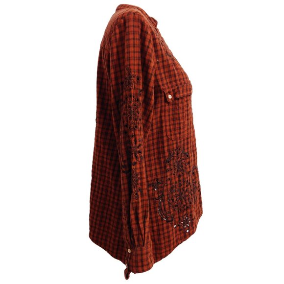 Johnny Was 3J Workshop Brown Checked Half-Button Shirt Eyelet/Peek a Boo Detail - Picture 3 of 9